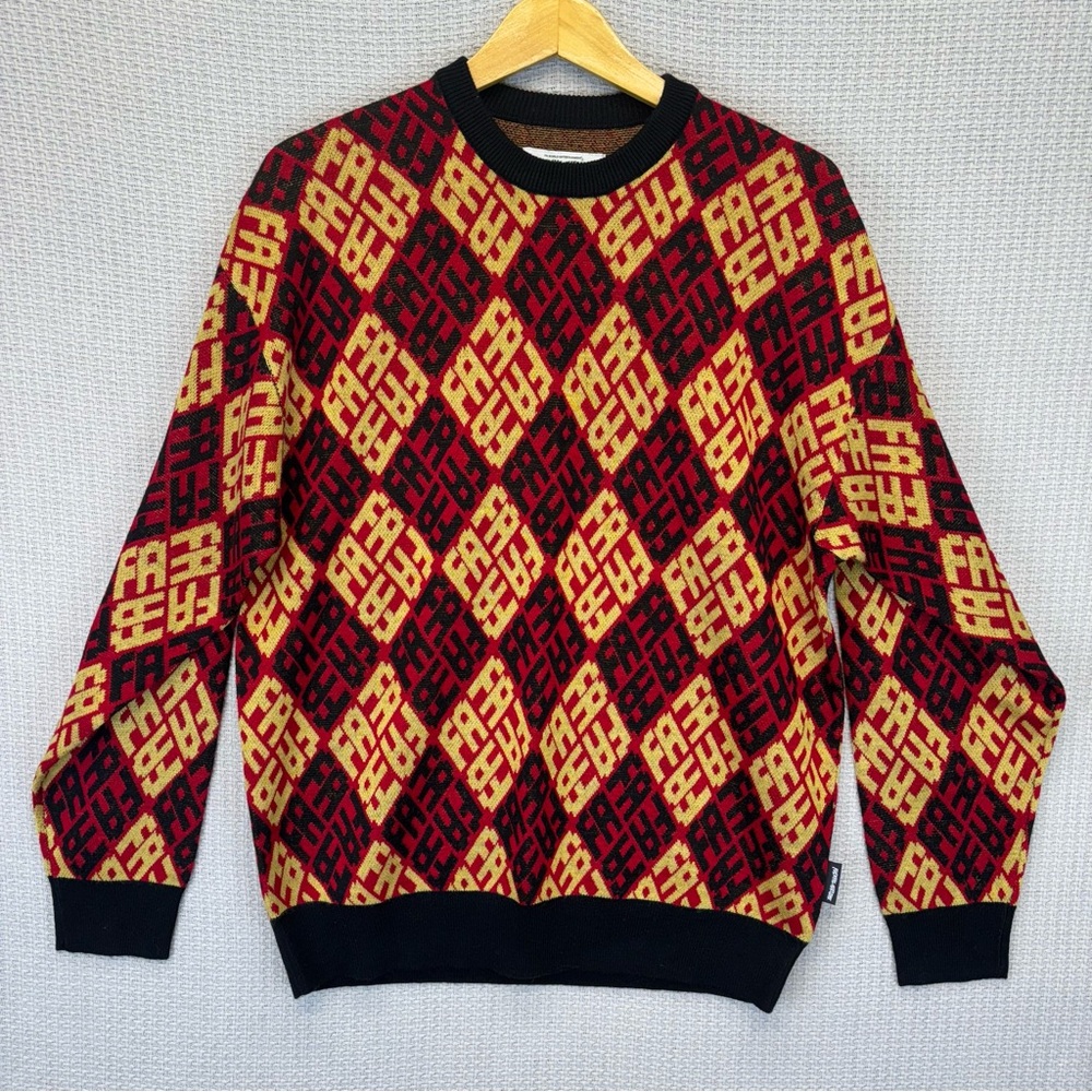 FuckingAwesome FA Red Yellow Knit Polo Sweater Men's Med Argyle Logo All Over